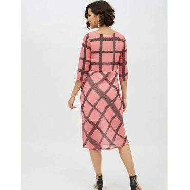 Women's Polyester Checkered 3-4th Sleeves Below Knee Dress (Pink)