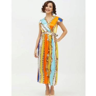 Women's Satin Chain Print Cap Sleeve Calf-length Dress (Multicolor)