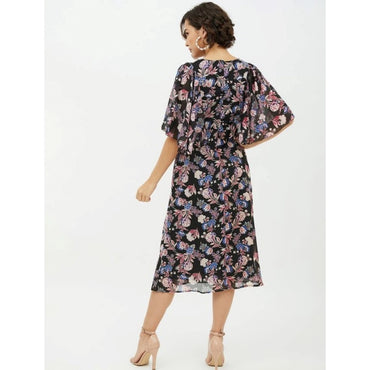 Women's Polyester Chain Print Cap Sleeve Calf-length Dress (Multicolor)