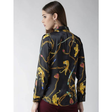Women's Satin Printed Long Sleeves Standard Length Shirt (Black - Gold)