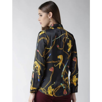 Women's Satin Printed Long Sleeves Standard Length Shirt (Black - Gold)