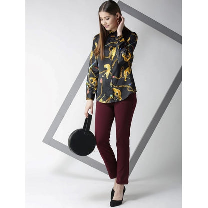 Women's Satin Printed Long Sleeves Standard Length Shirt (Black - Gold)