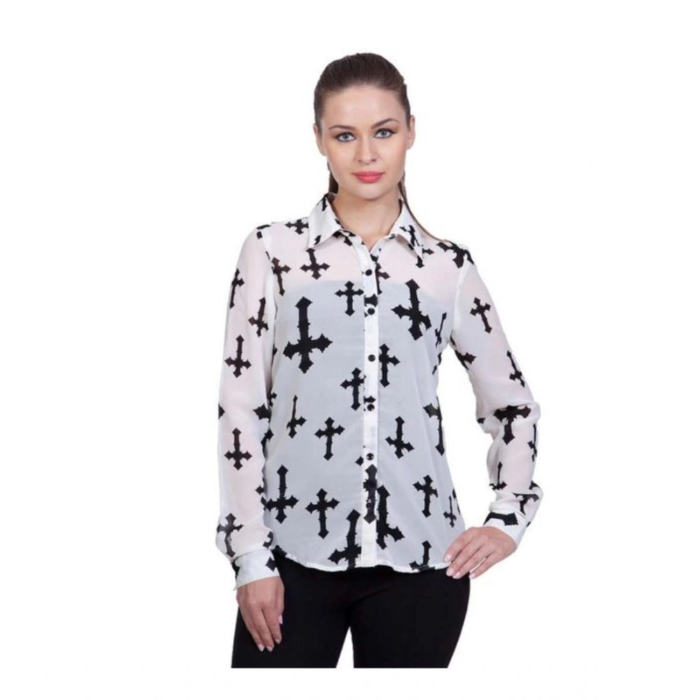 Women's Polyester Printed Long Sleeves Standard Length Shirt (White)