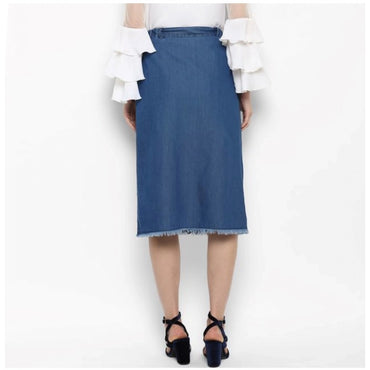 Women's Denim Washed Buttoned Skirt (Blue)
