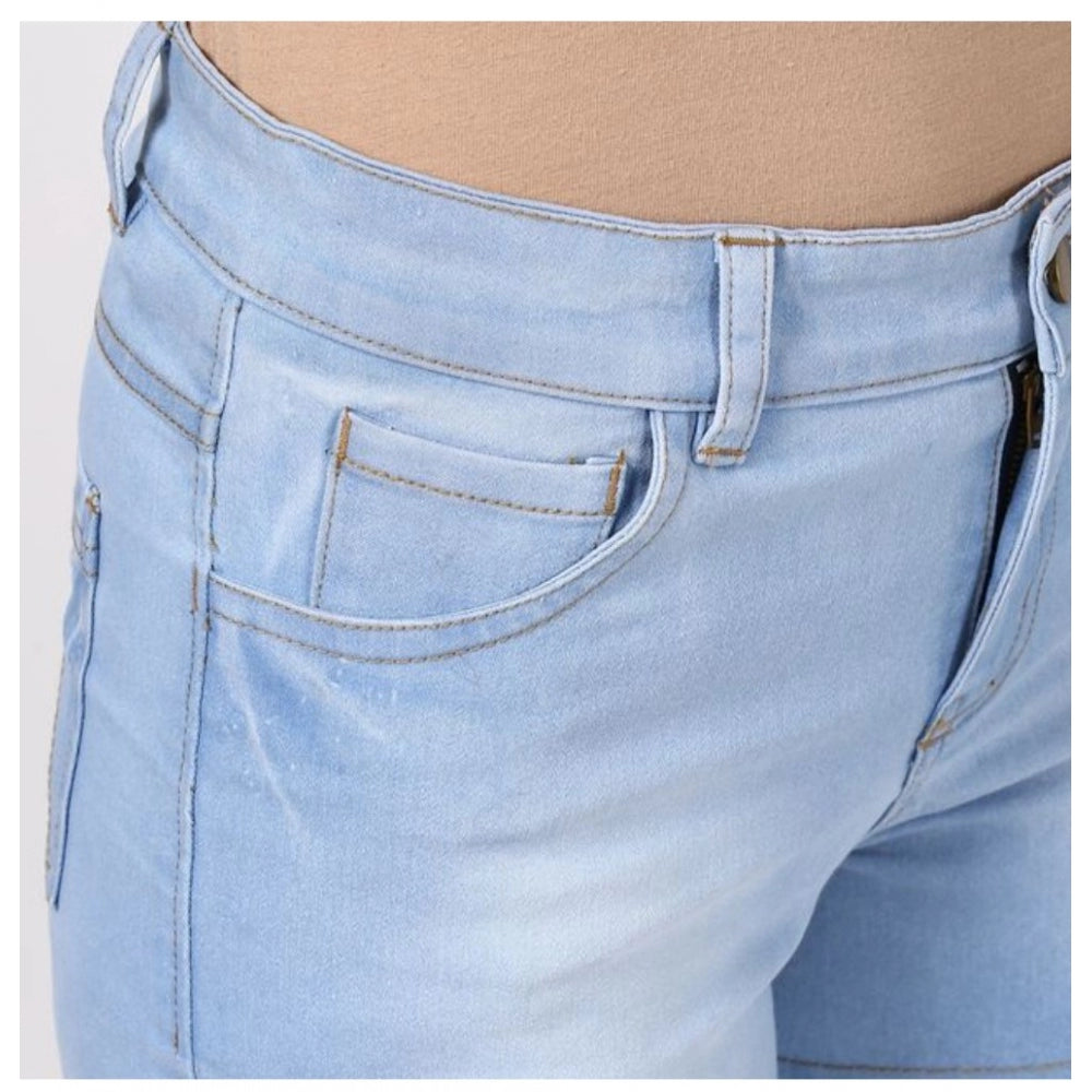 Women's Denim Solid Buttoned Shorts (Blue)