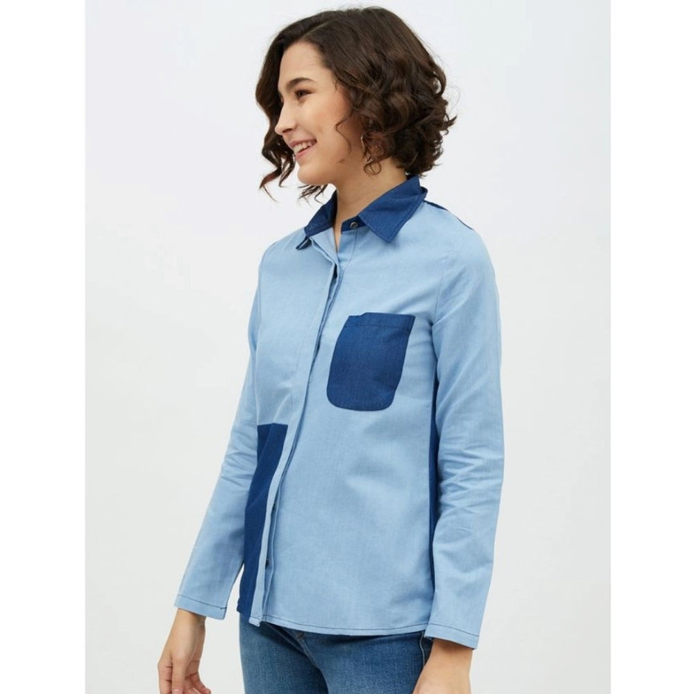 Women's Denim Patch Work Long Sleeves Standard Length Shirt (Blue)