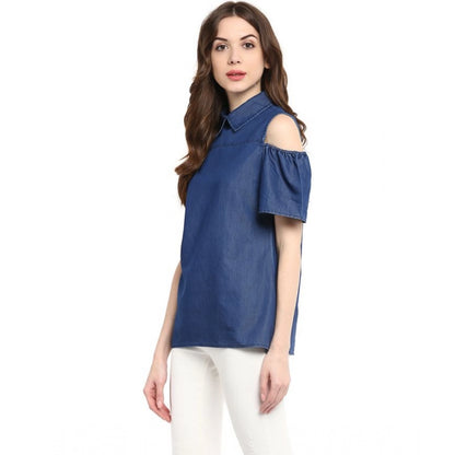 Women's Denim Solid Cold Shoulder Regular Top (Blue)