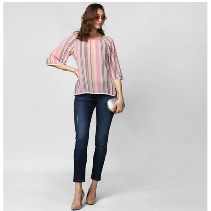 Women's Polyester Striped 3-4th Sleeves Top (Pink)