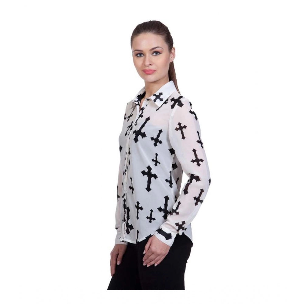 Women's Polyester Printed Long Sleeves Standard Length Shirt (White)