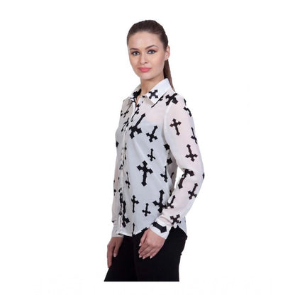 Women's Polyester Printed Long Sleeves Standard Length Shirt (White)