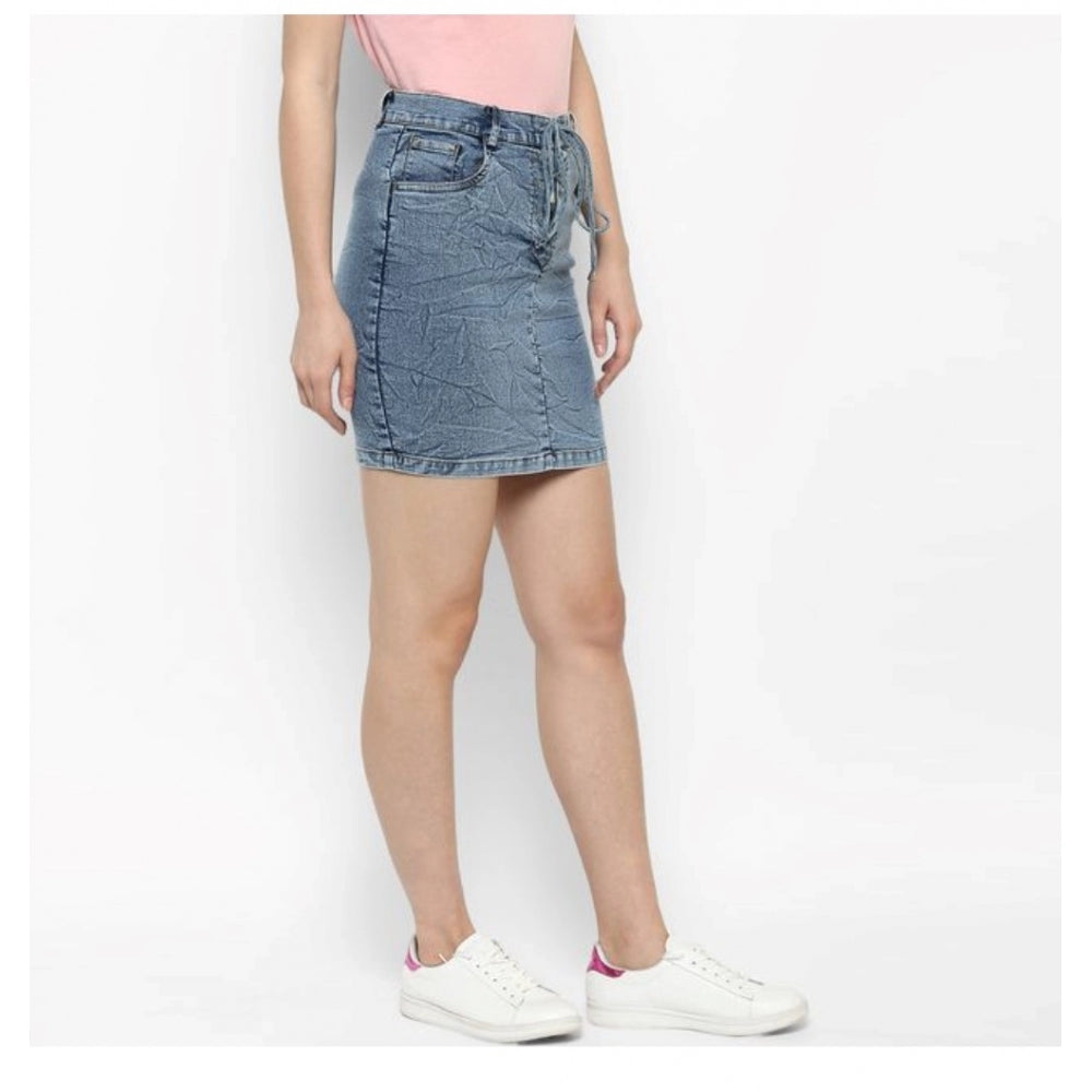 Women's Denim Draw String Buttoned Skirt (Blue)