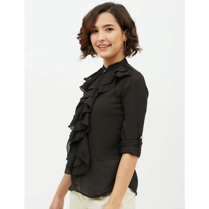 Women's Polyester Ruffled Long Sleeves Standard Length Shirt (Black)