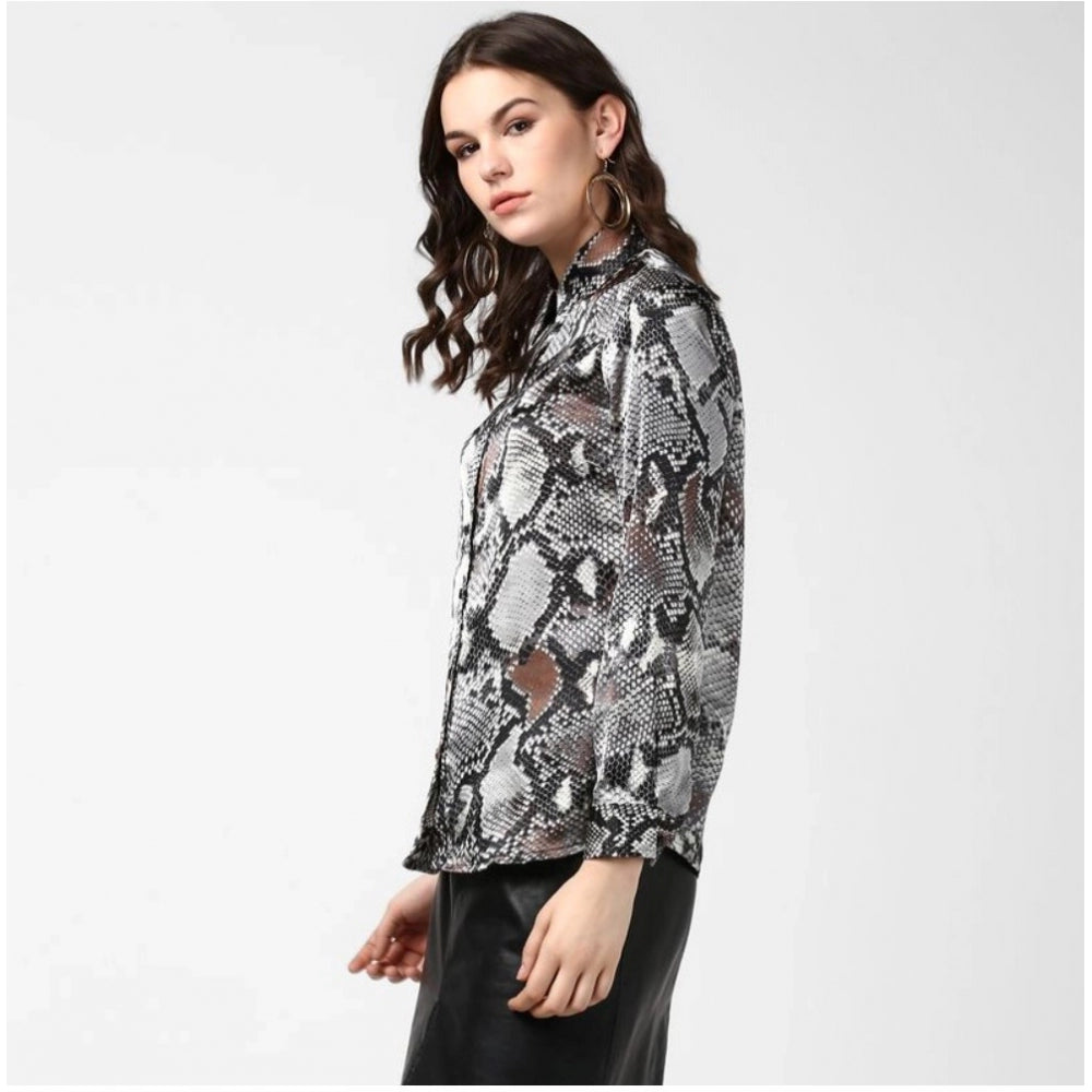 Women's Satin Animal Print Long Sleeves Standard Length Shirt (Black - Grey)