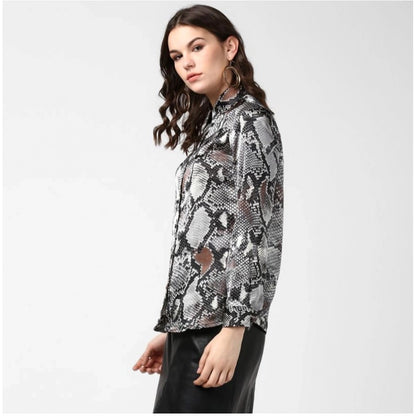 Women's Satin Animal Print Long Sleeves Standard Length Shirt (Black - Grey)