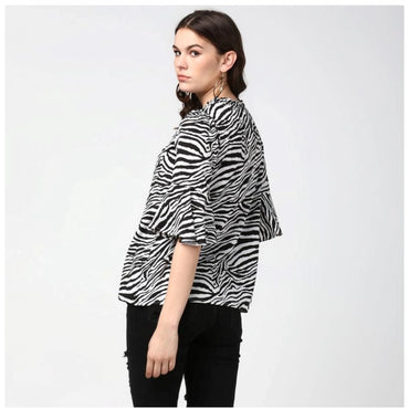 Women's Polyester Animal Print Bell Sleeve Top (Black - White)