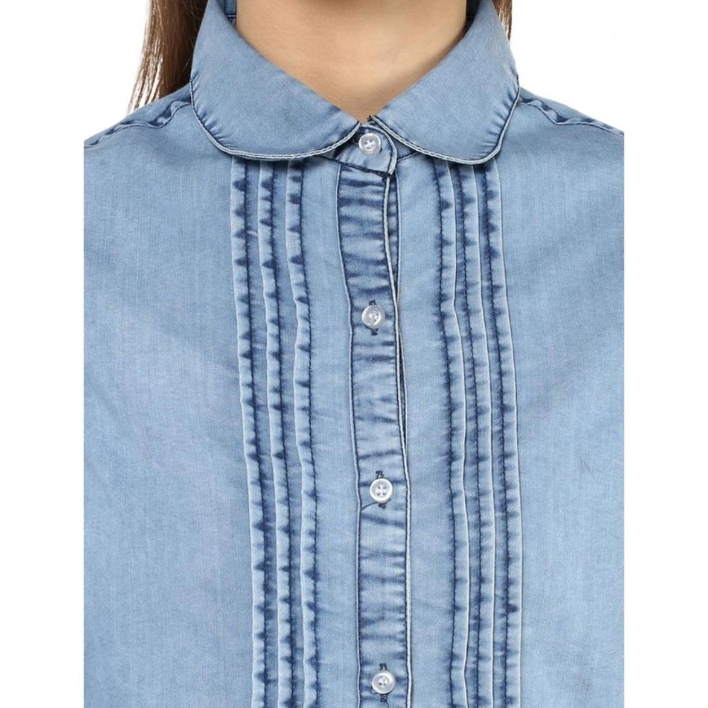 Women's Denim Solid 3-4th Sleeves Standard Length Shirt (Blue)