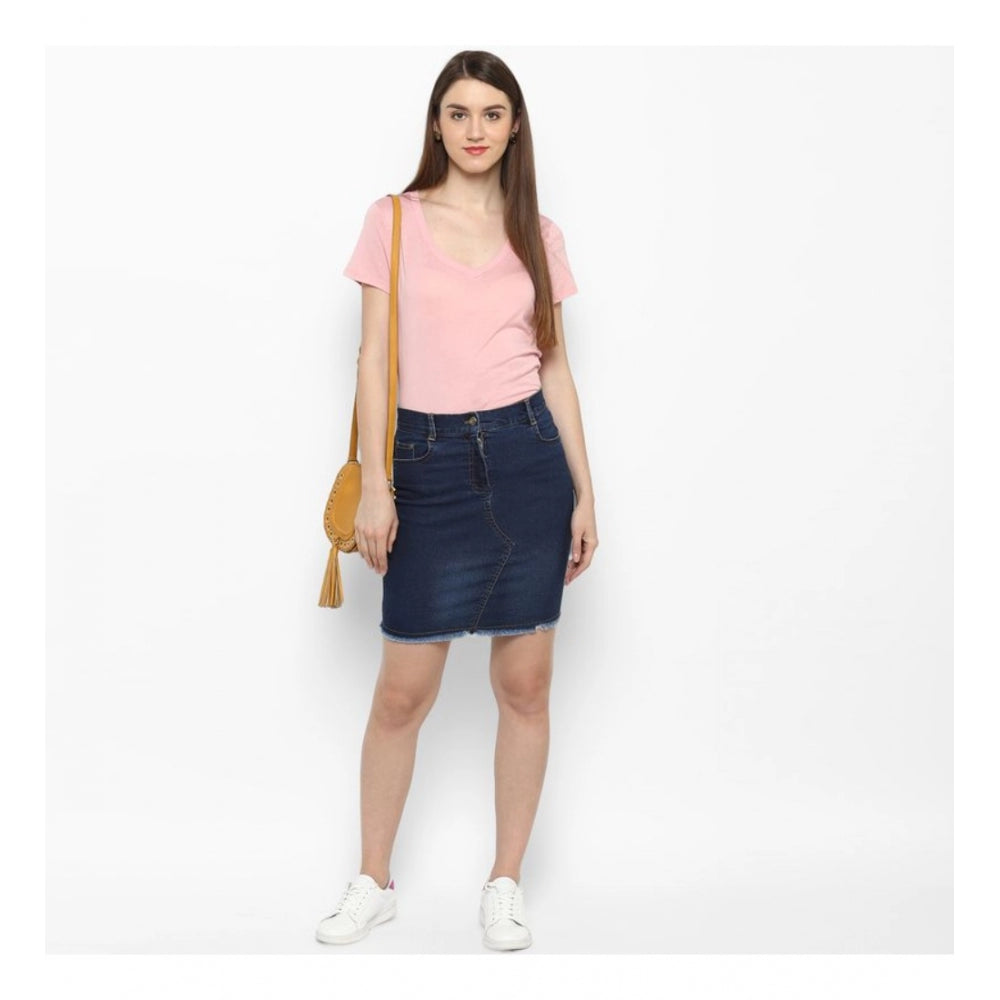 Women's Denim Stitching Pattern Buttoned Skirt (Blue)