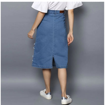 Women's Denim Washed Buttoned Skirt (Blue)