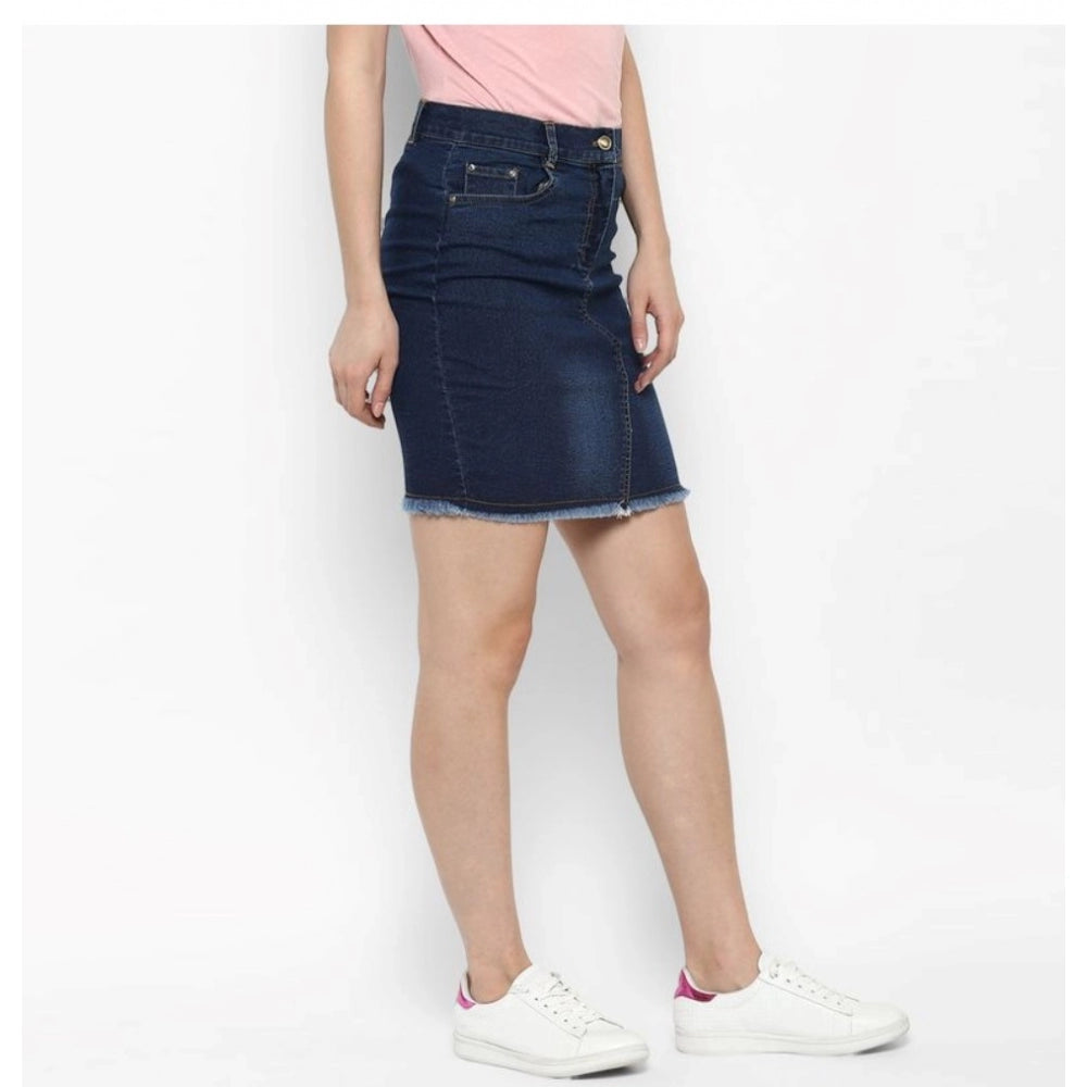 Women's Denim Stitching Pattern Buttoned Skirt (Blue)