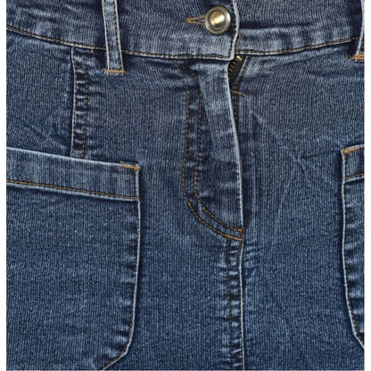 Women's Denim Front Pocket Buttoned Skirt (Blue)