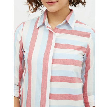 Women's Cotton Striped Long Sleeves Standard Length Shirt (Pink)