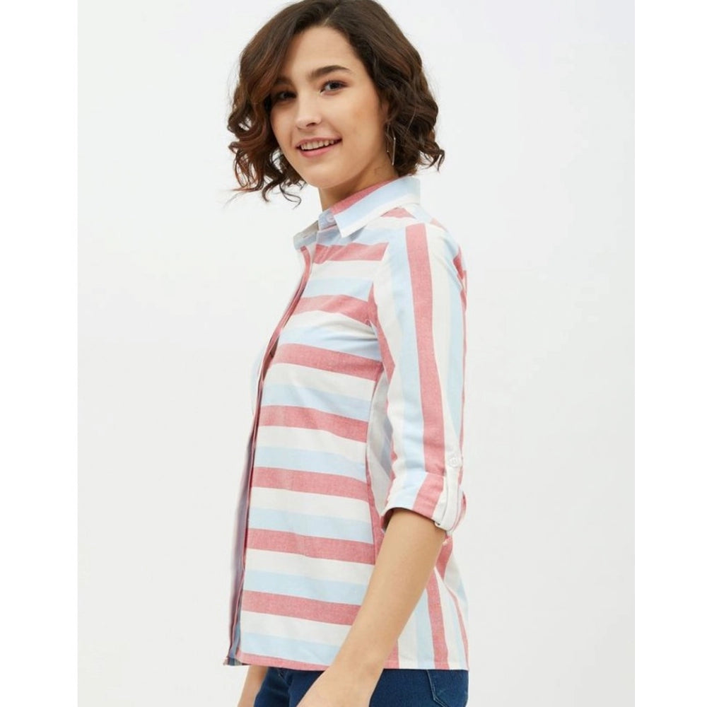 Women's Cotton Striped Long Sleeves Standard Length Shirt (Pink)