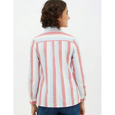 Women's Cotton Striped Long Sleeves Standard Length Shirt (Pink)