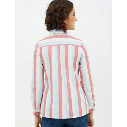 Women's Cotton Striped Long Sleeves Standard Length Shirt (Pink)