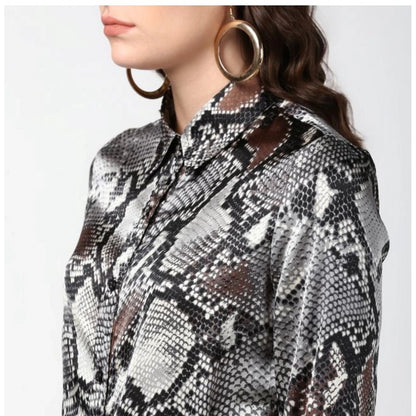 Women's Satin Animal Print Long Sleeves Standard Length Shirt (Black - Grey)