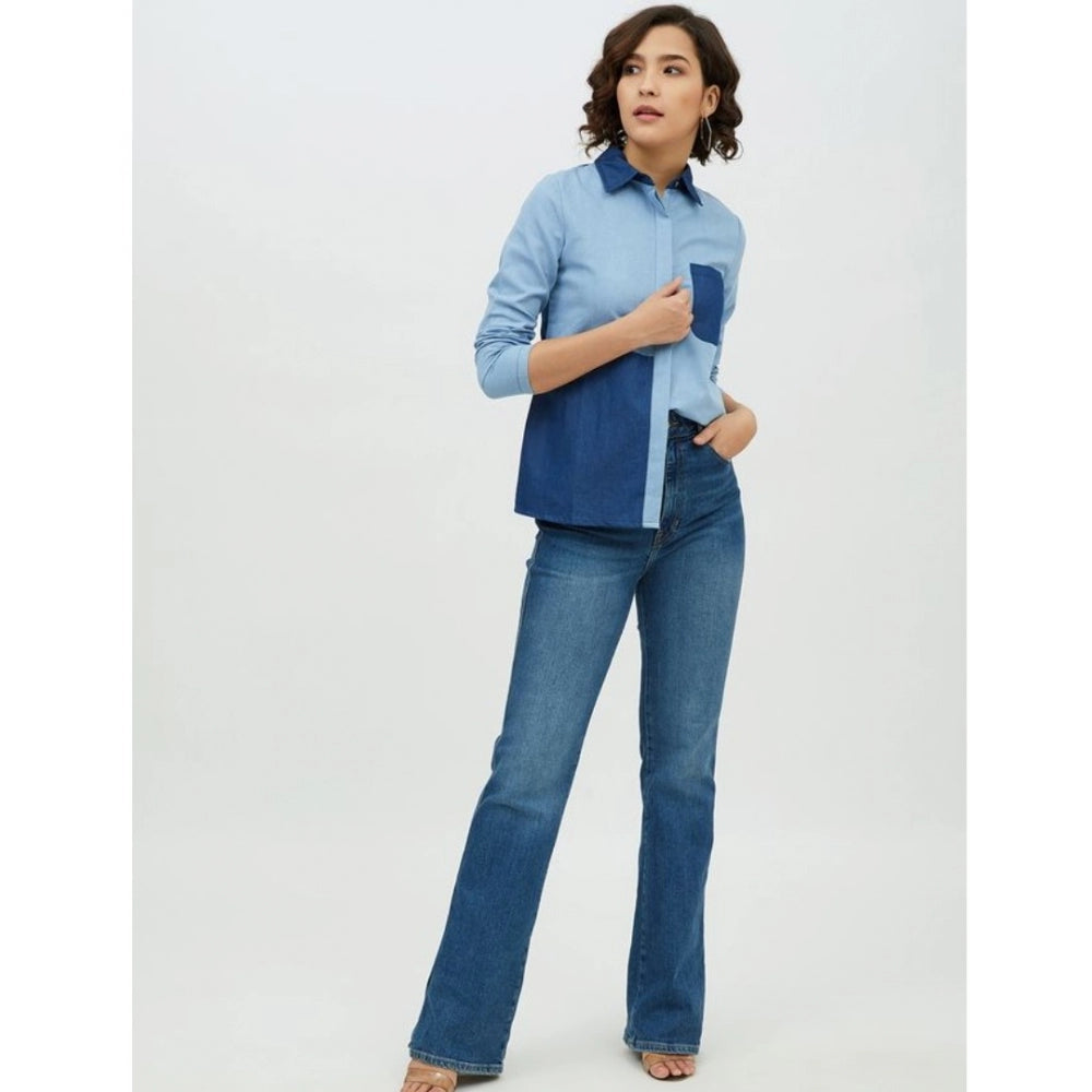 Women's Denim Patch Work Long Sleeves Standard Length Shirt (Blue)