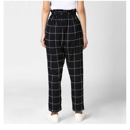 Women's Polyester Checkered Elasticated Trousers (Black - White)