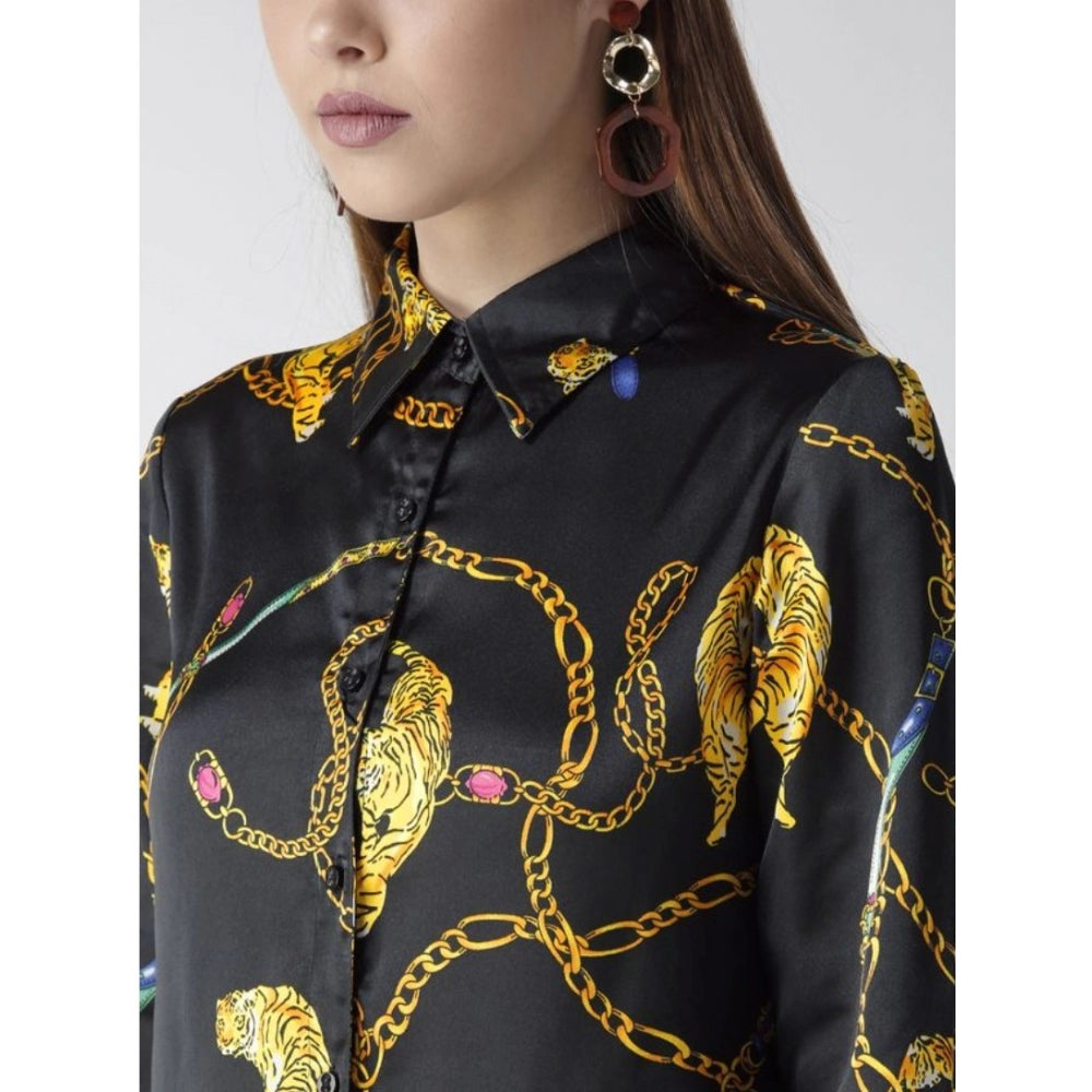 Women's Satin Printed Long Sleeves Standard Length Shirt (Black - Gold)