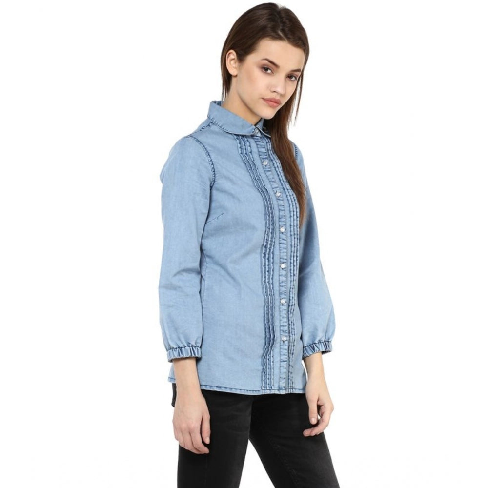 Women's Denim Solid 3-4th Sleeves Standard Length Shirt (Blue)