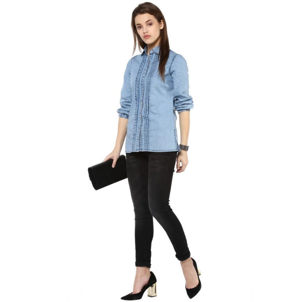 Women's Denim Solid 3-4th Sleeves Standard Length Shirt (Blue)