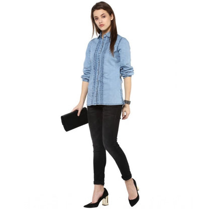 Women's Denim Solid 3-4th Sleeves Standard Length Shirt (Blue)