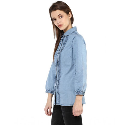 Women's Denim Solid 3-4th Sleeves Standard Length Shirt (Blue)