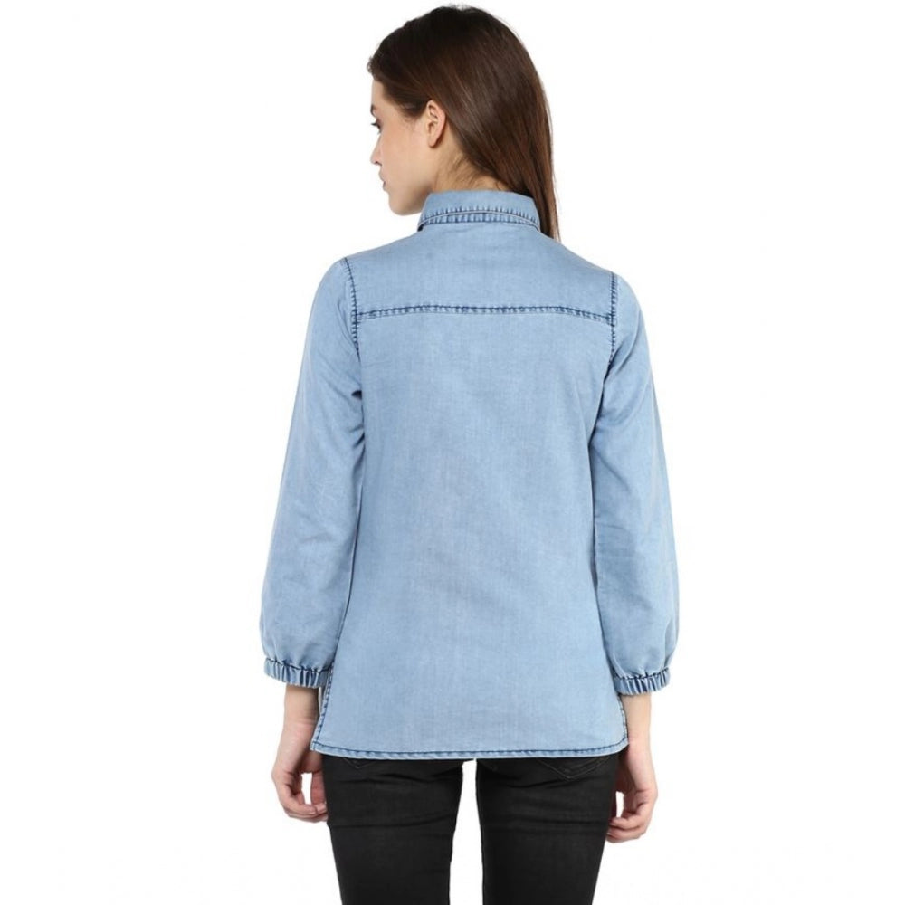 Women's Denim Solid 3-4th Sleeves Standard Length Shirt (Blue)