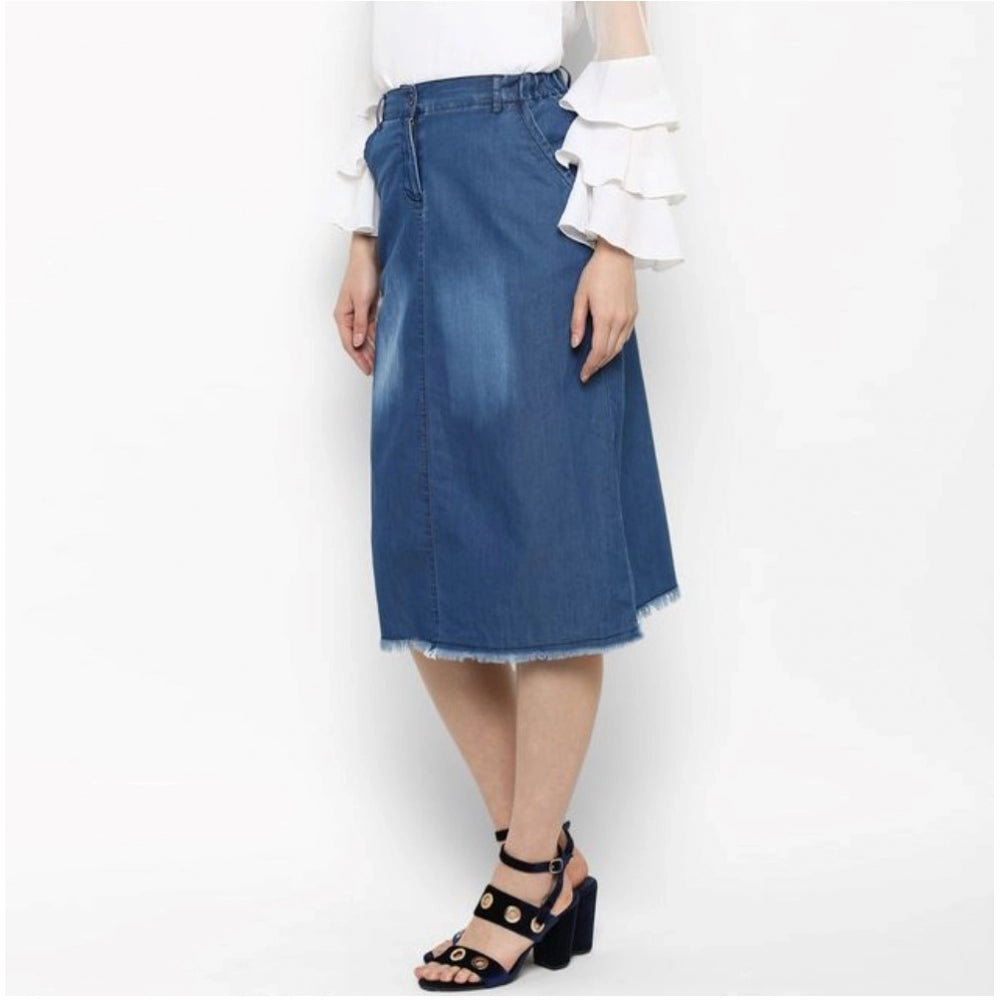 Women's Denim Washed Buttoned Skirt (Blue)