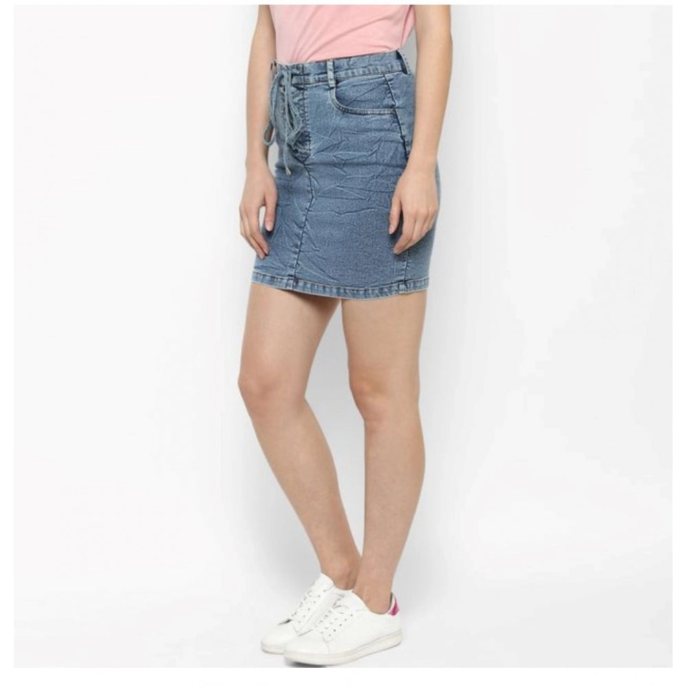 Women's Denim Draw String Buttoned Skirt (Blue)