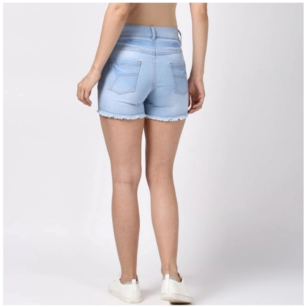 Women's Denim Solid Buttoned Shorts (Blue)