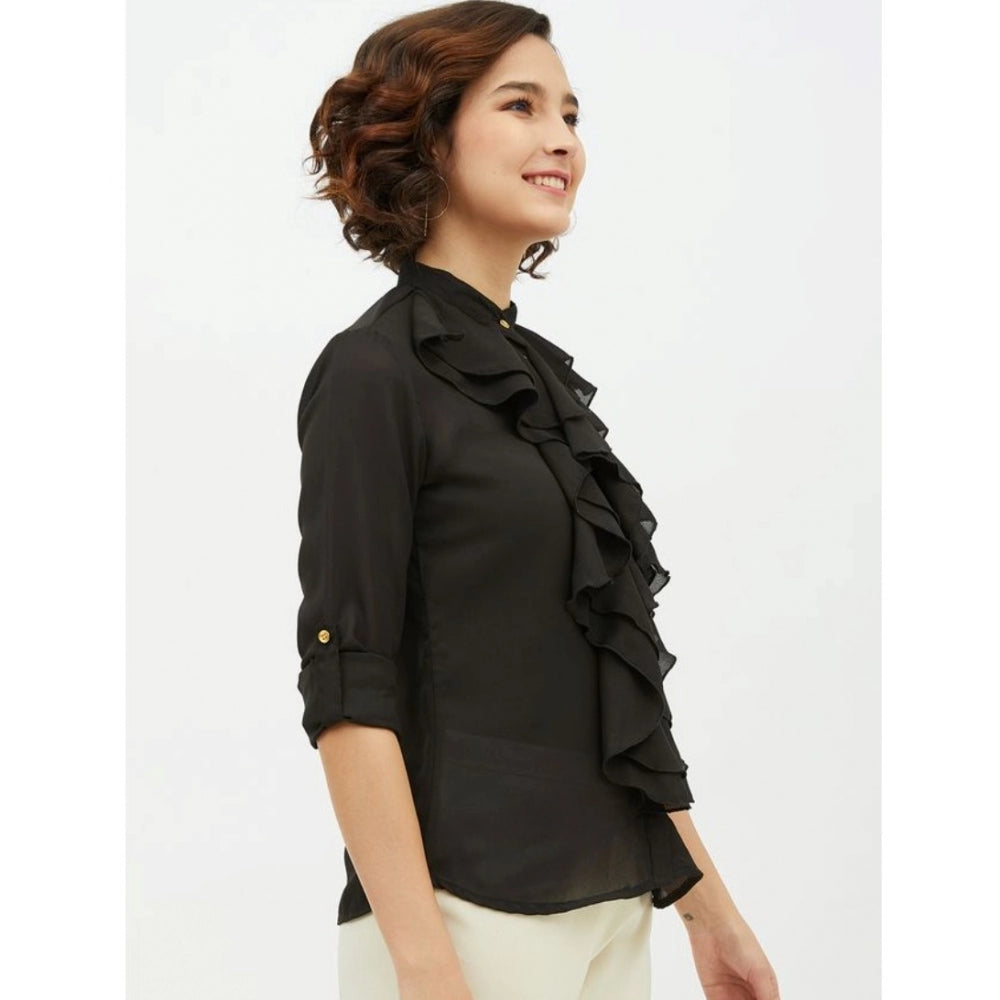 Women's Polyester Ruffled Long Sleeves Standard Length Shirt (Black)