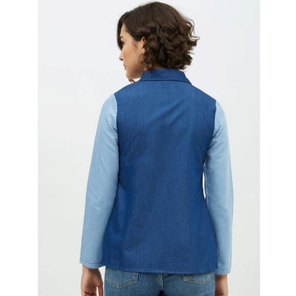 Women's Denim Patch Work Long Sleeves Standard Length Shirt (Blue)
