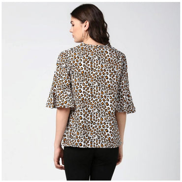 Women's Polyester Animal Print Bell Sleeve Top (Orange - Black)
