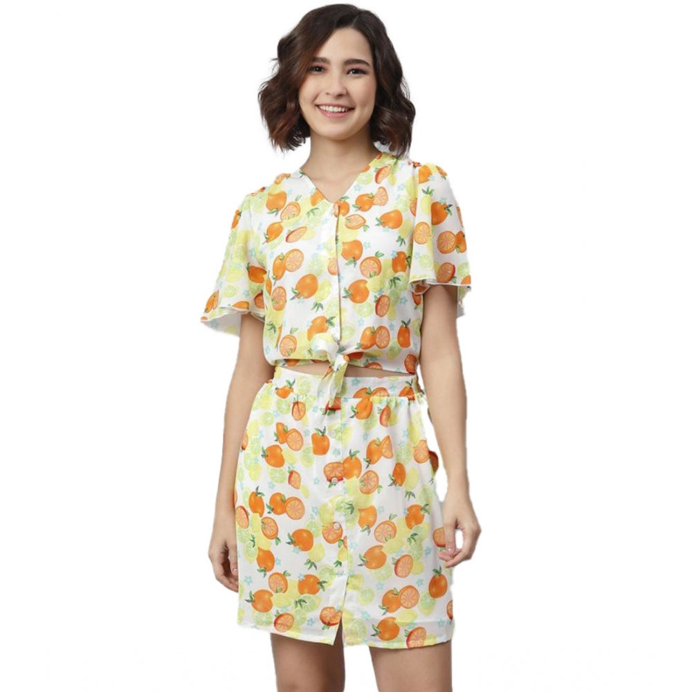 Women's Polyester Printed Flutter Above Knee Dress (Orange - Yellow)