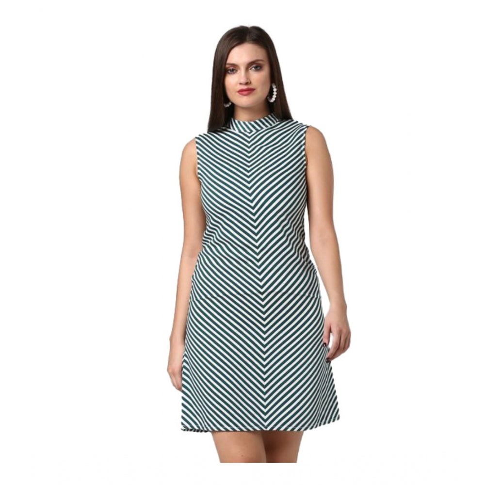 Women's Polyester Striped Sleeveless Above Knee Dress (Green)