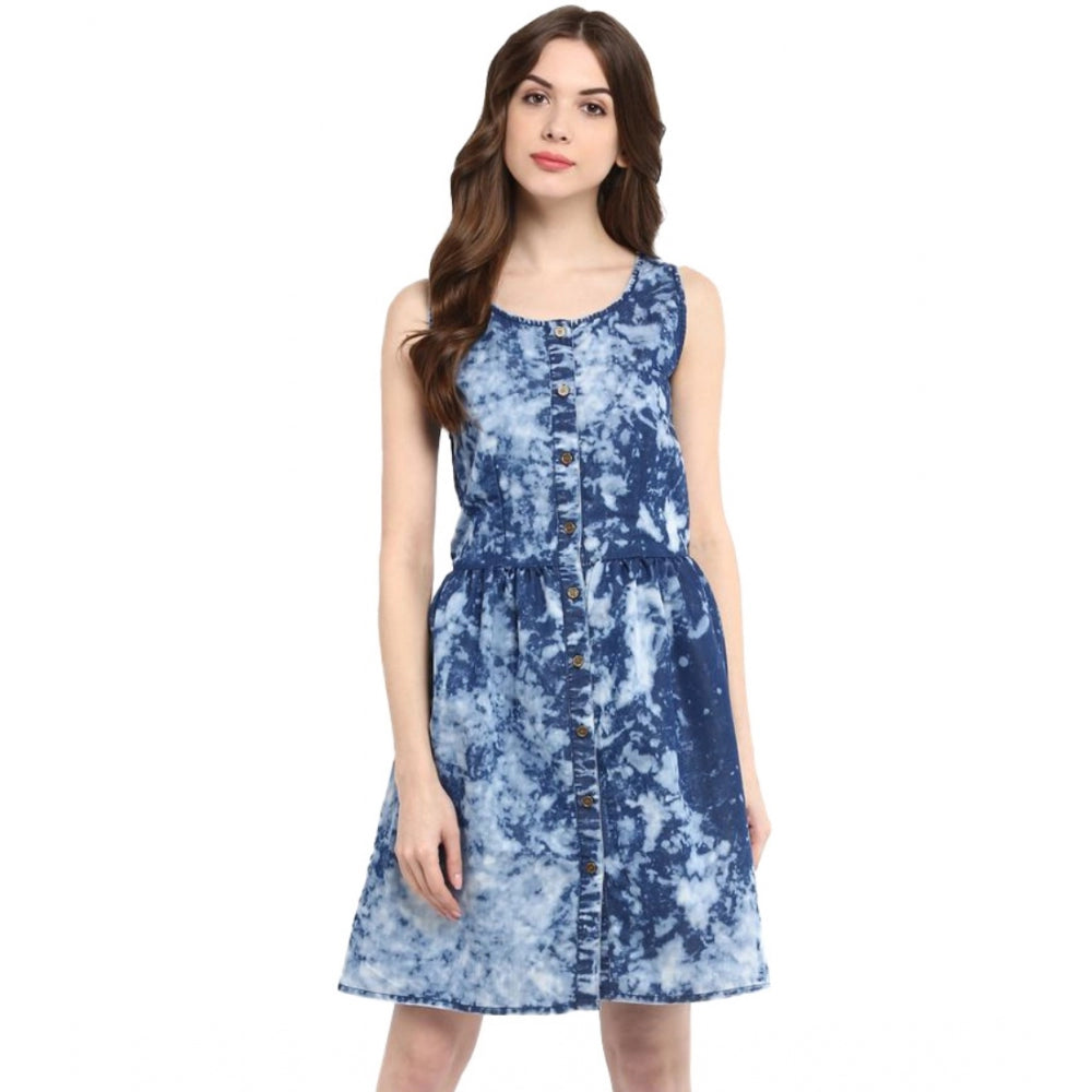 Women's Denim Tie & Dye Sleeveless Above Knee Dress (Blue)