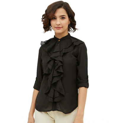 Women's Polyester Ruffled Long Sleeves Standard Length Shirt (Black)