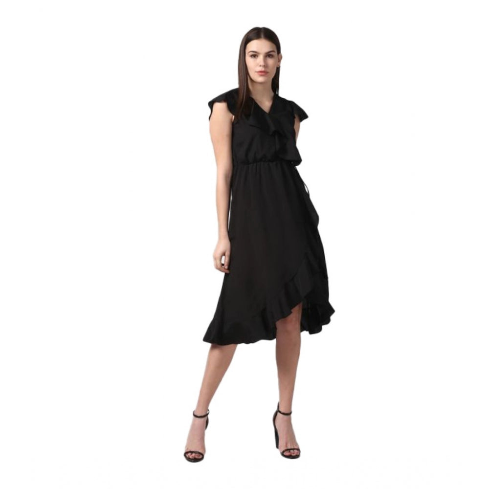 Women's Polyester Ruffled Cap Sleeve Knee-Length Dress (Black)