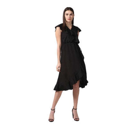Women's Polyester Ruffled Cap Sleeve Knee-Length Dress (Black)
