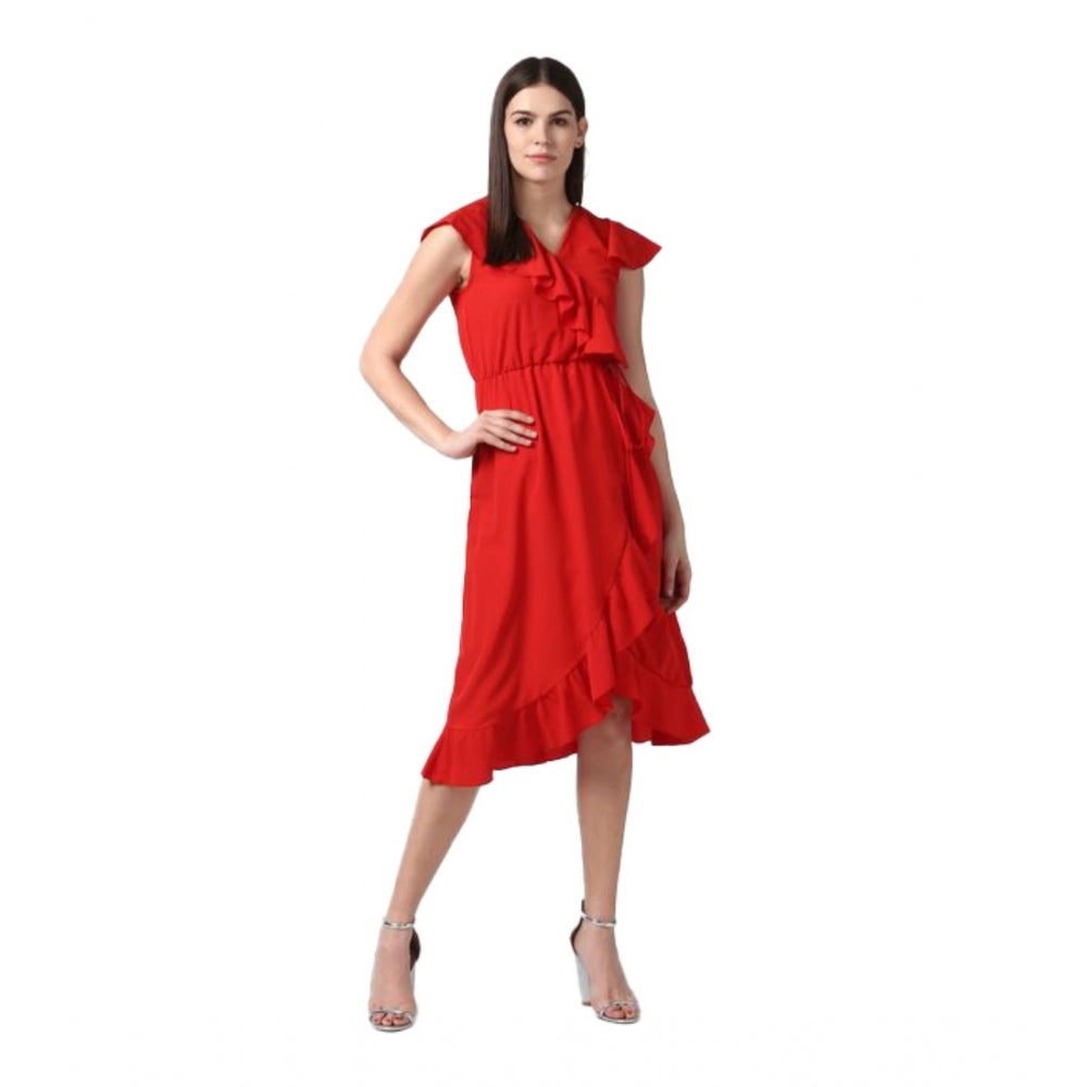 Women's Polyester Ruffled Cap Sleeve Knee-Length Dress (Red)